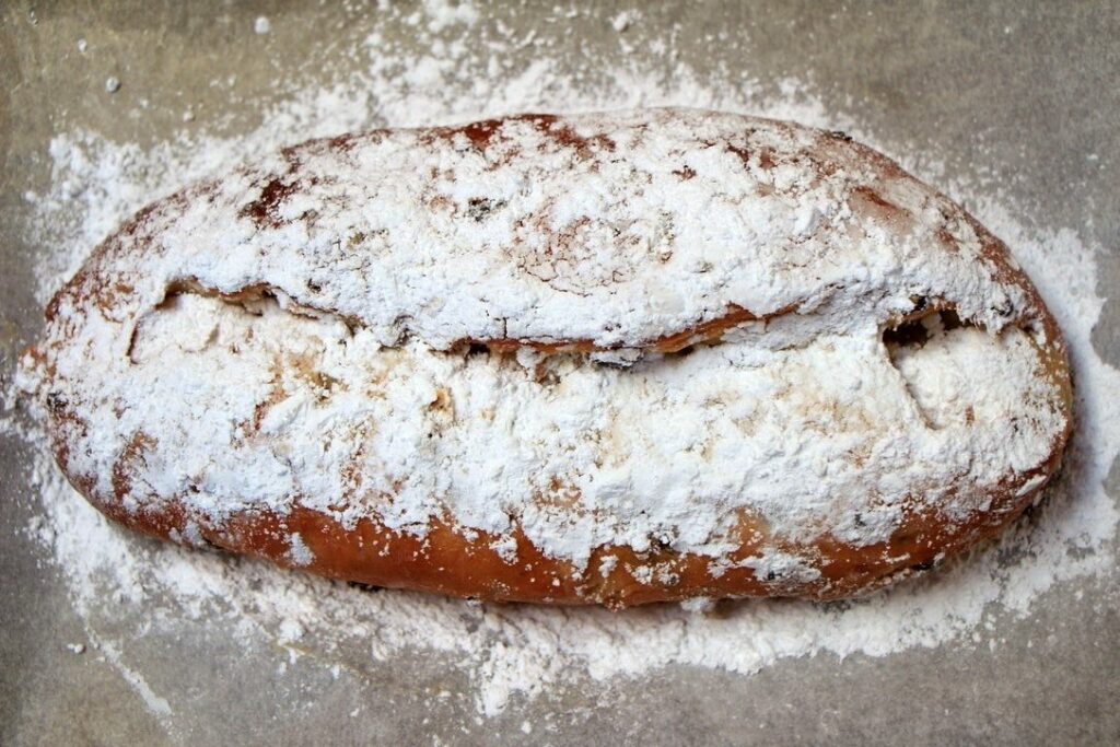 German stollen with icing sugar