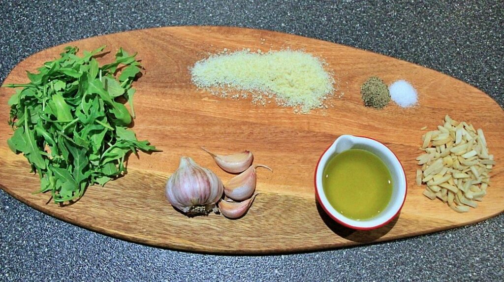 Ingredients for Arugula pesto bread pinwheel wreath