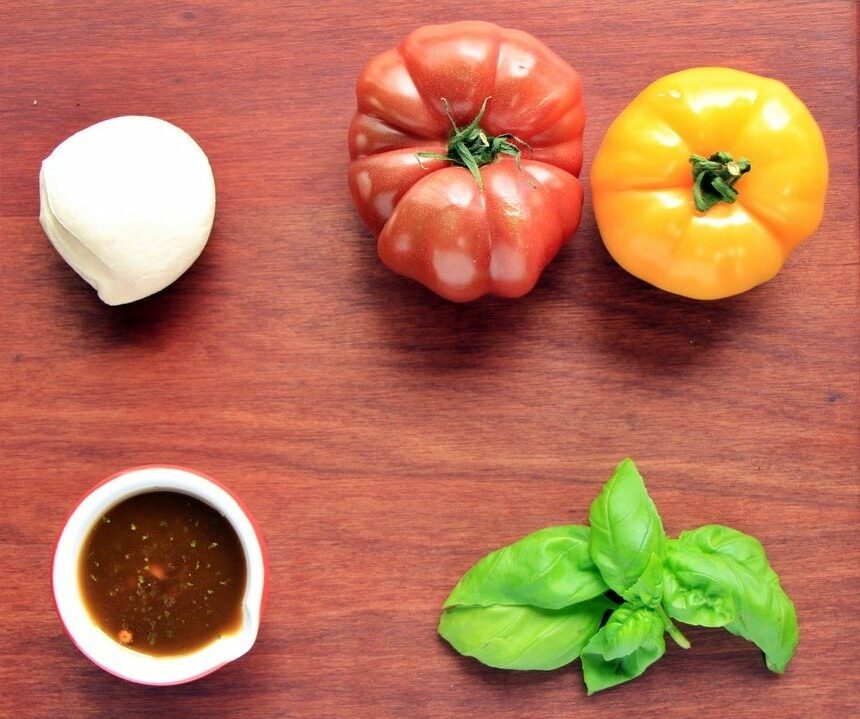 Ingredients for heirloom tomato and mozzarella salad