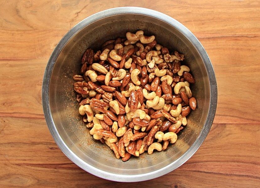 Sweet and spicy nuts ready to bake