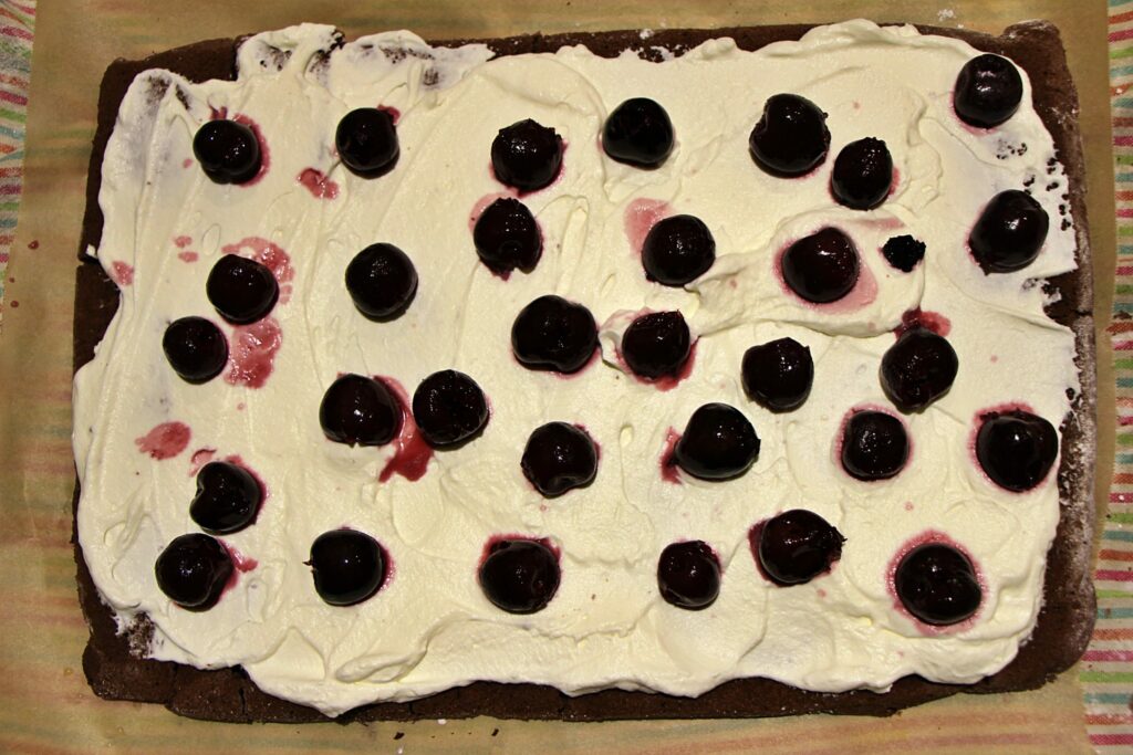Cake with cream and cherries for yule log