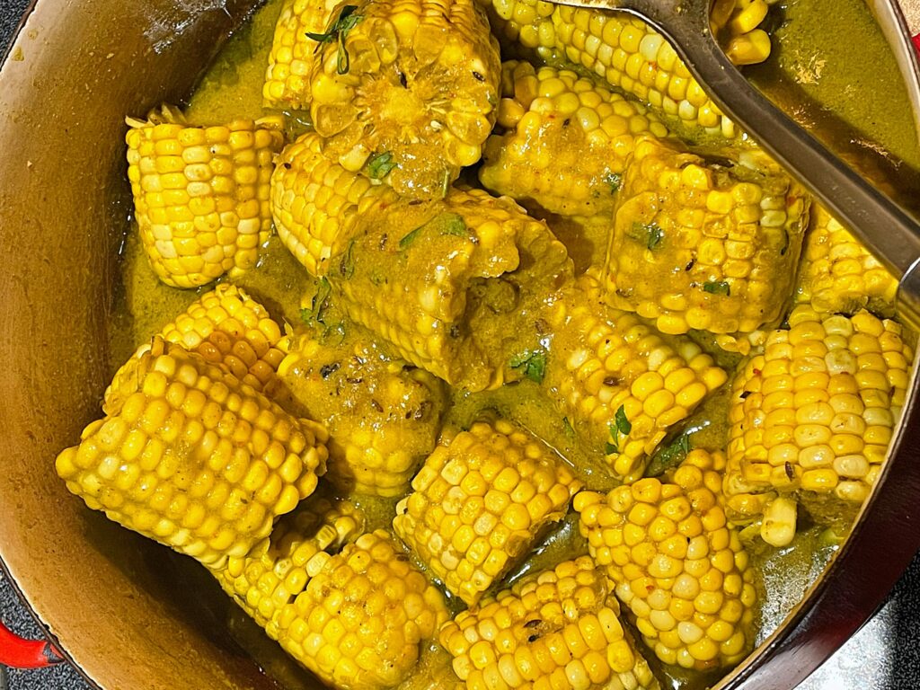 Kenyan corn curry in pot