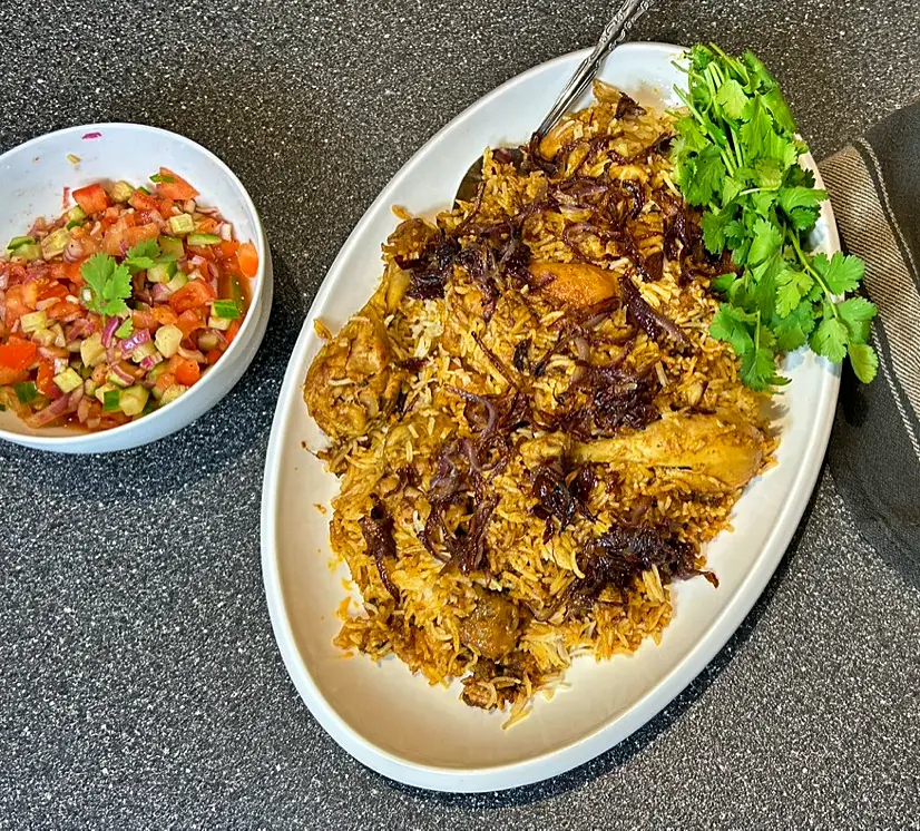 Chicken biryani with cachumbari