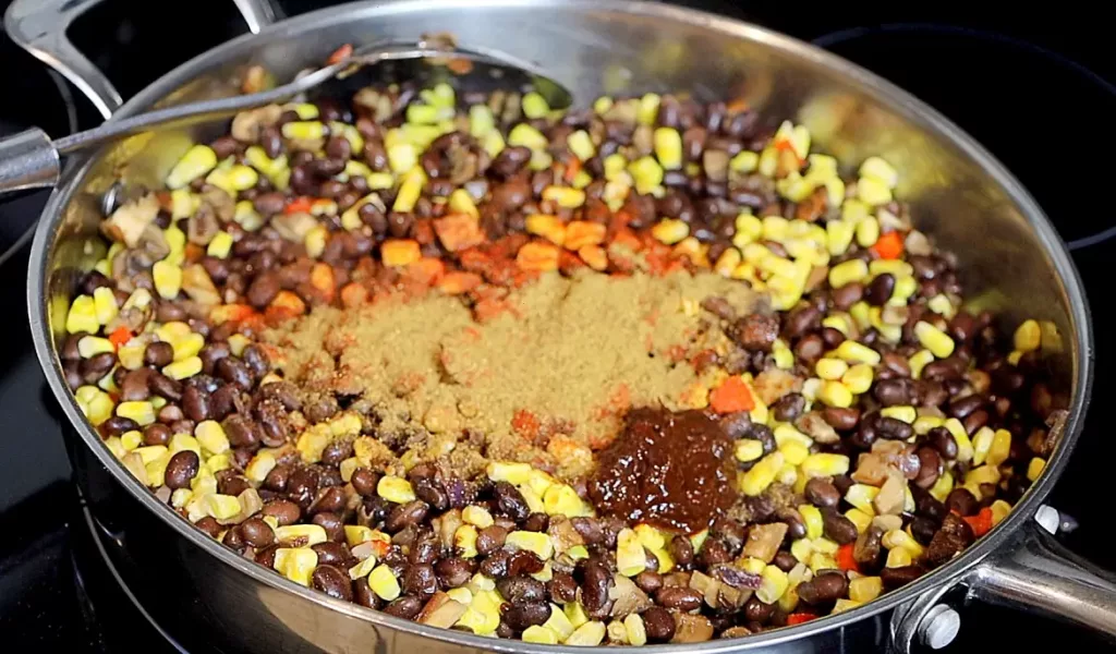Bean and corn taco mix in pan
