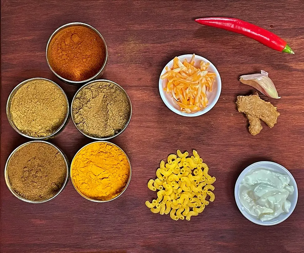 Ingredients for butter chicken mac and cheese