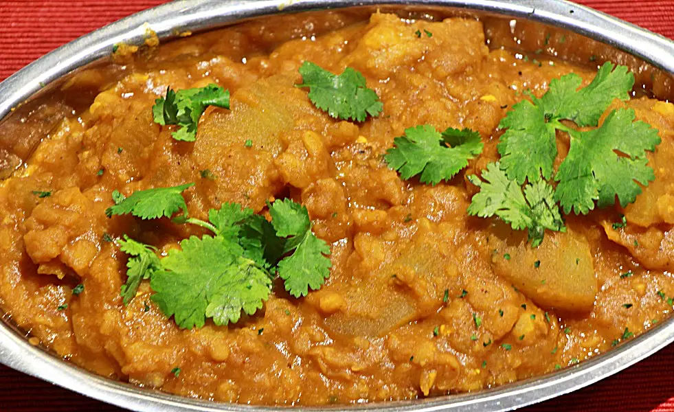 Lentils with squash curry close up