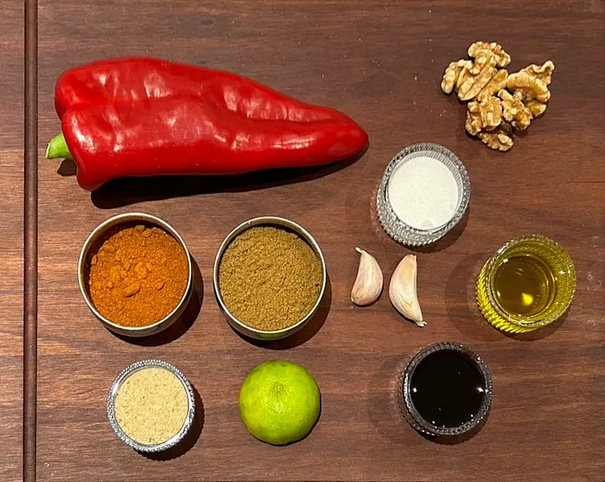 Ingredients for red pepper dip (Muhammara)
