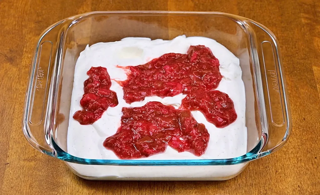 Rhubarb ice cream ready to swirl